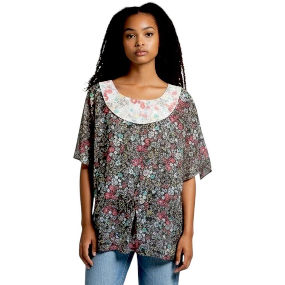 Kensie Gray Ditsy Floral Dolman Top Size L Drawstring Waist Boho Contrast Yoke